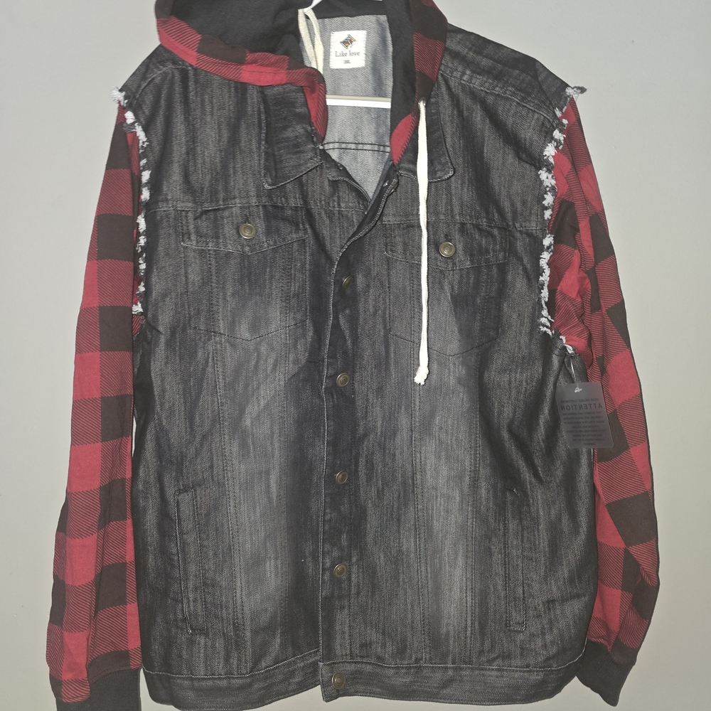 NWT Stylish Black Denim Jacket with Red Plaid Sleeves